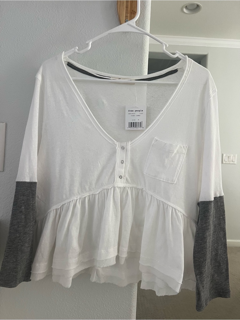 Free People White Peplum Henley Top with Gray Sleeve Panels
